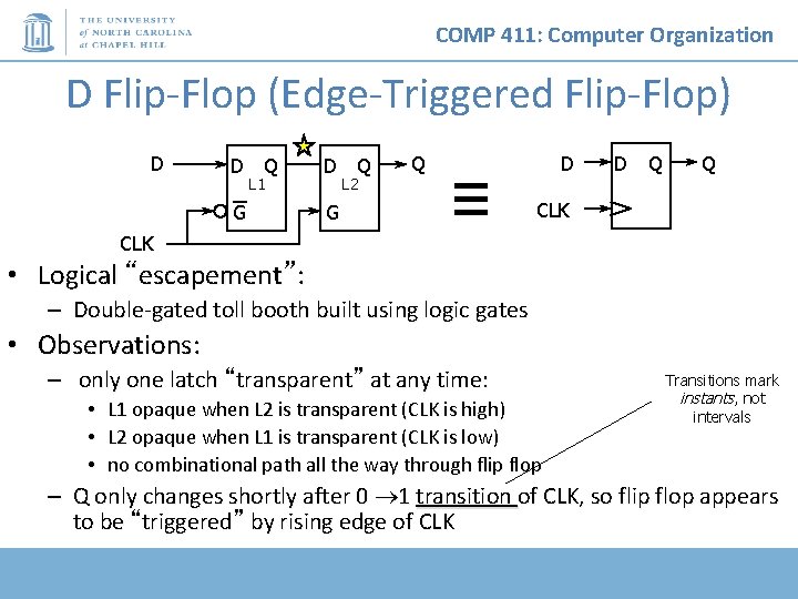 COMP 411: Computer Organization D Flip-Flop (Edge-Triggered Flip-Flop) D D Q G G L