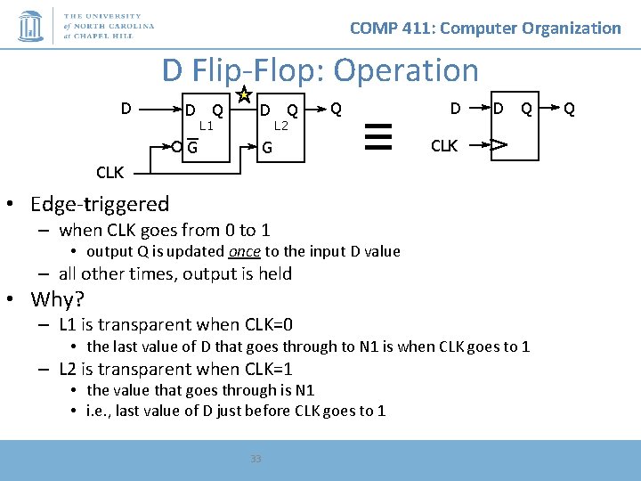 COMP 411: Computer Organization D Flip-Flop: Operation D D Q G G L 1