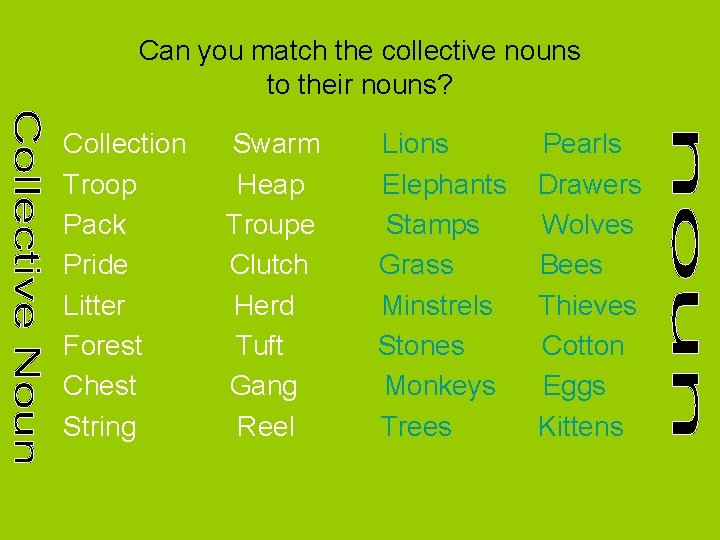 Can you match the collective nouns to their nouns? Collection Troop Pack Pride Litter