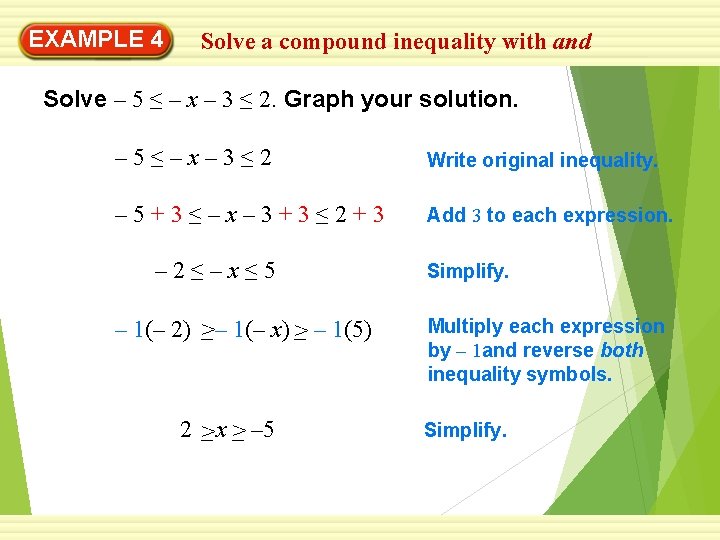 EXAMPLE 4 Solve a compound inequality with and Solve – 5 ≤ – x