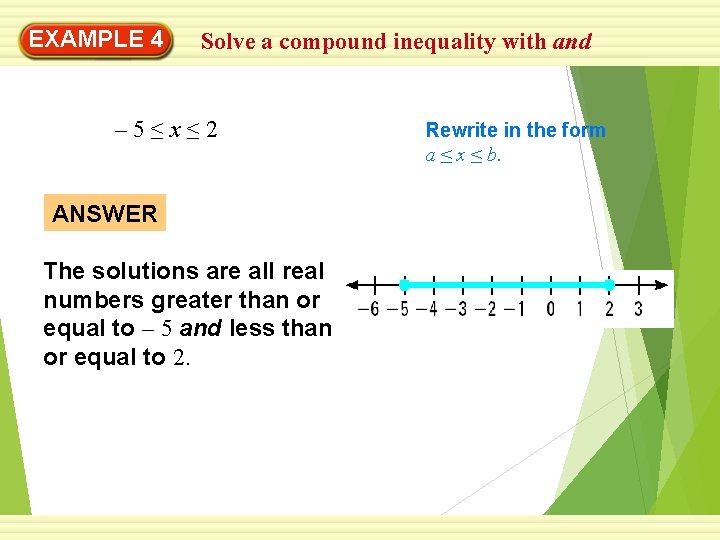 EXAMPLE 4 Solve a compound inequality with and – 5≤x≤ 2 ANSWER The solutions