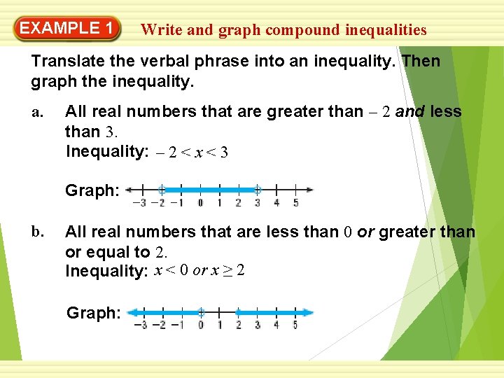 EXAMPLE 1 Write and graph compound inequalities Translate the verbal phrase into an inequality.