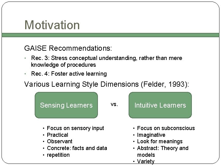 Motivation GAISE Recommendations: • Rec. 3: Stress conceptual understanding, rather than mere knowledge of