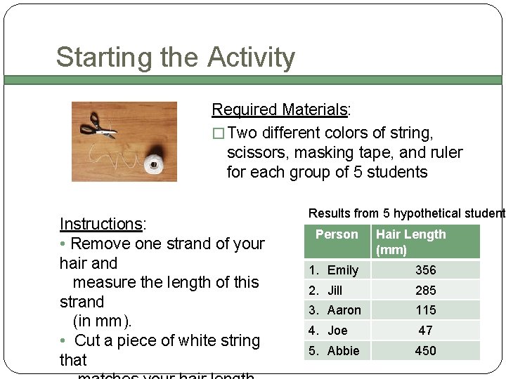 Starting the Activity Required Materials: � Two different colors of string, scissors, masking tape,