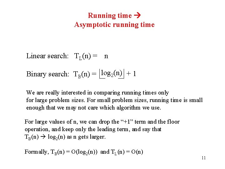Running time Asymptotic running time Linear search: TL(n) = n Binary search: TB(n) =