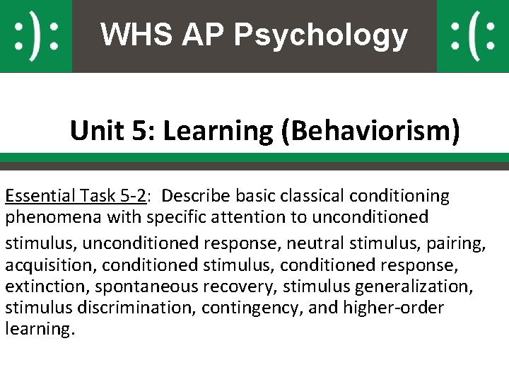 WHS AP Psychology Unit 5: Learning (Behaviorism) Essential Task 5 -2: Describe basic classical