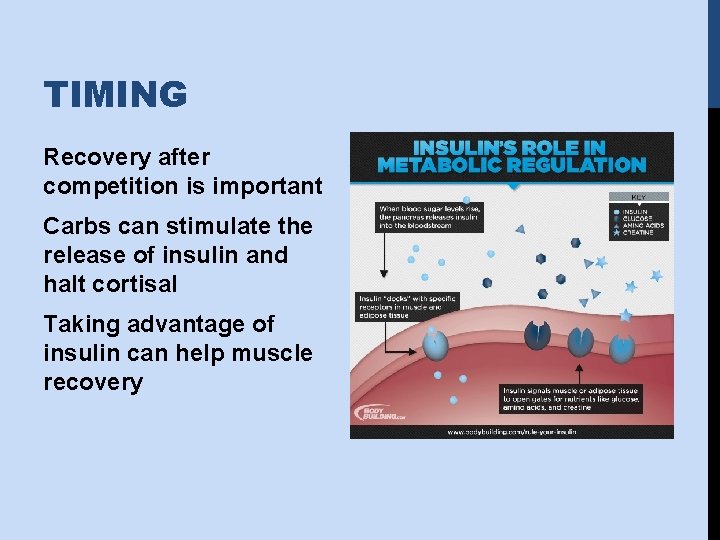 TIMING Recovery after competition is important Carbs can stimulate the release of insulin and