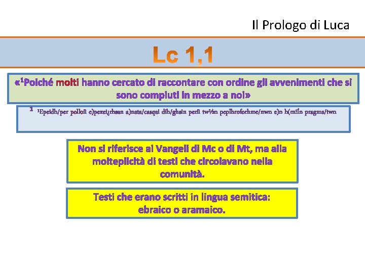 Il Prologo di Luca « 1 Poiché molti hanno cercato di raccontare con ordine Il Prologo di Luca « 1 Poiché molti hanno cercato di raccontare con ordine