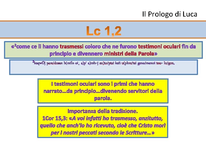 Il Prologo di Luca « 2 come ce li hanno trasmessi coloro che ne Il Prologo di Luca « 2 come ce li hanno trasmessi coloro che ne