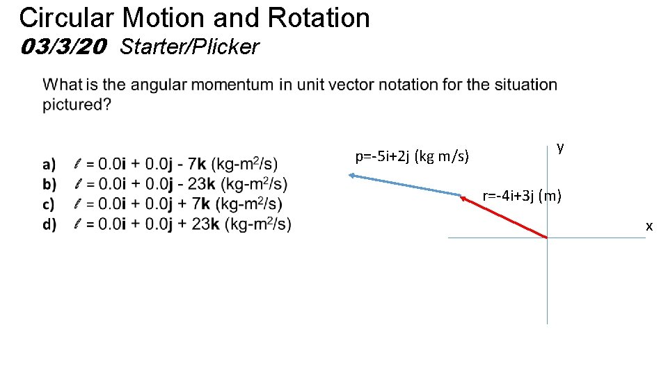 Circular Motion and Rotation 03/3/20 Starter/Plicker p=-5 i+2 j (kg m/s) y r=-4 i+3