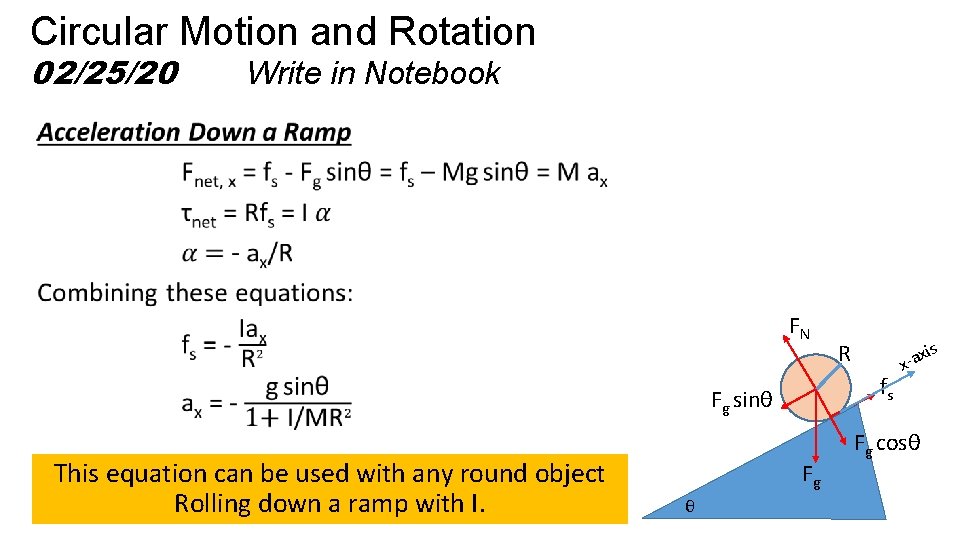 Circular Motion and Rotation 02/25/20 Write in Notebook FN fs Fg sinθ This equation