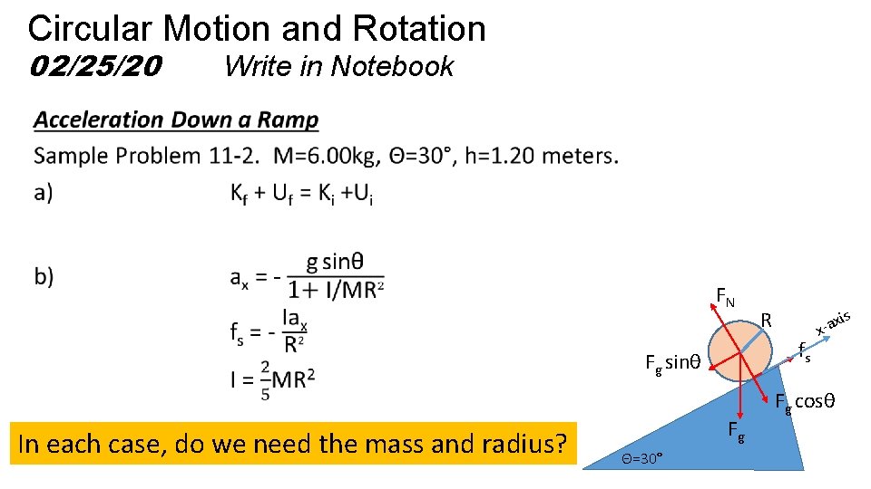 Circular Motion and Rotation 02/25/20 Write in Notebook FN fs Fg sinθ In each
