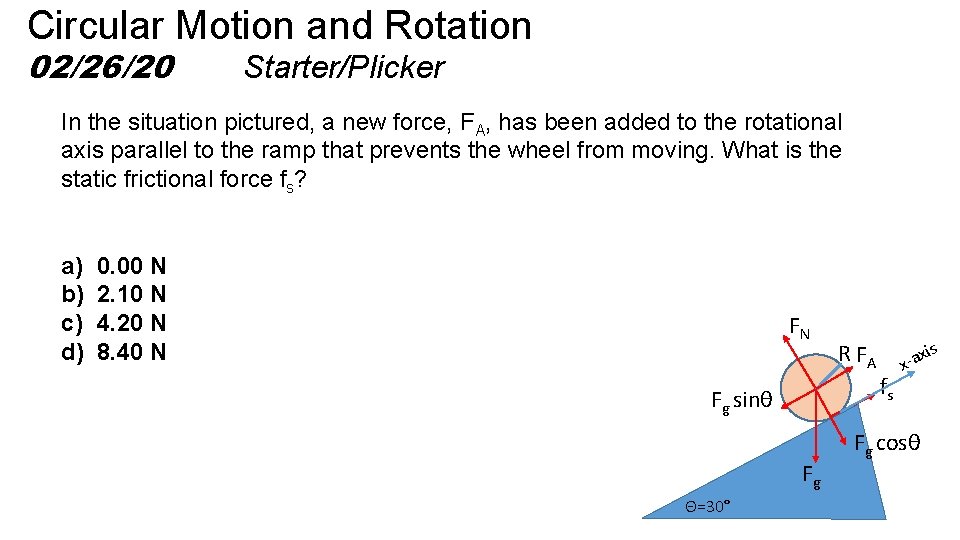 Circular Motion and Rotation 02/26/20 Starter/Plicker In the situation pictured, a new force, FA,