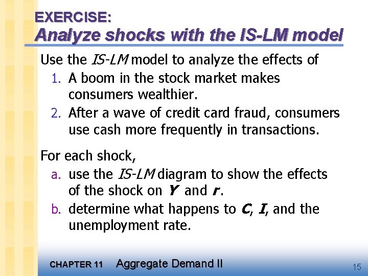 EXERCISE: Analyze shocks with the IS-LM model Use the IS-LM model to analyze the