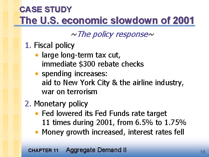 CASE STUDY The U. S. economic slowdown of 2001 ~The policy response~ 1. Fiscal