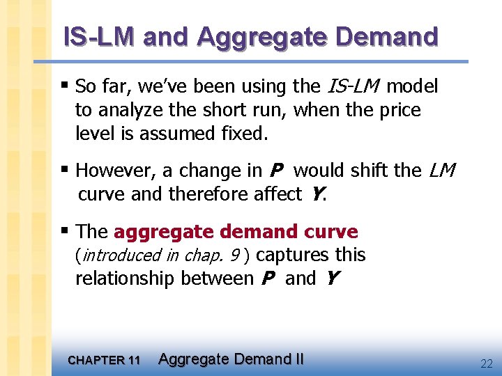 IS-LM and Aggregate Demand § So far, we’ve been using the IS-LM model to