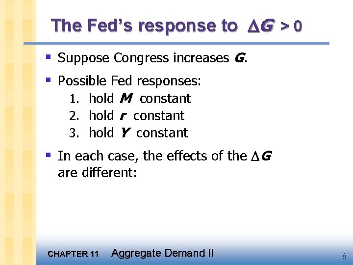 The Fed’s response to G > 0 § Suppose Congress increases G. § Possible