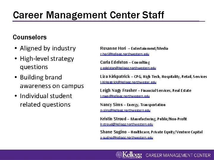 Career Management Center Staff Counselors • Aligned by industry • High-level strategy questions •