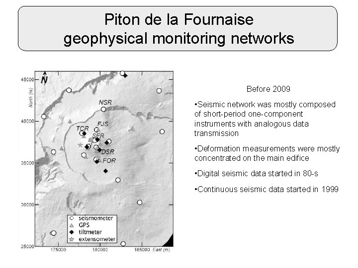 Piton de la Fournaise geophysical monitoring networks Before 2009 • Seismic network was mostly
