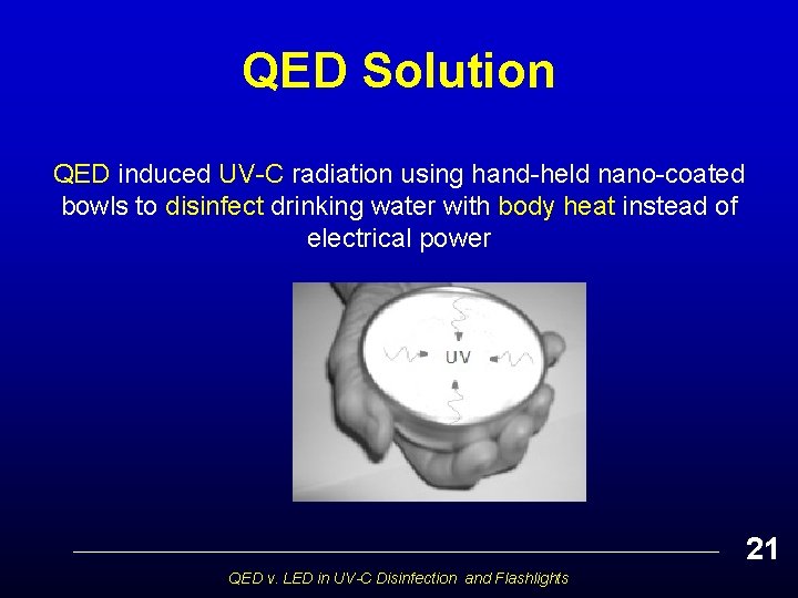 QED Solution QED induced UV-C radiation using hand-held nano-coated bowls to disinfect drinking water