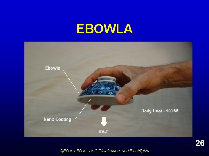 EBOWLA 26 QED v. LED in UV-C Disinfection and Flashlights 