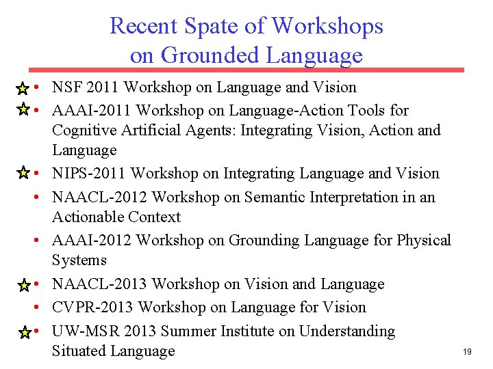 Recent Spate of Workshops on Grounded Language • NSF 2011 Workshop on Language and