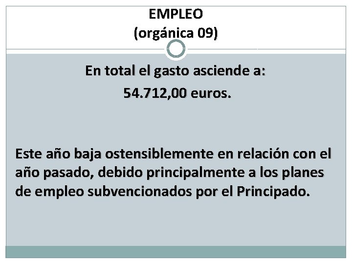 EMPLEO (orgánica 09) En total el gasto asciende a: 54. 712, 00 euros. Este