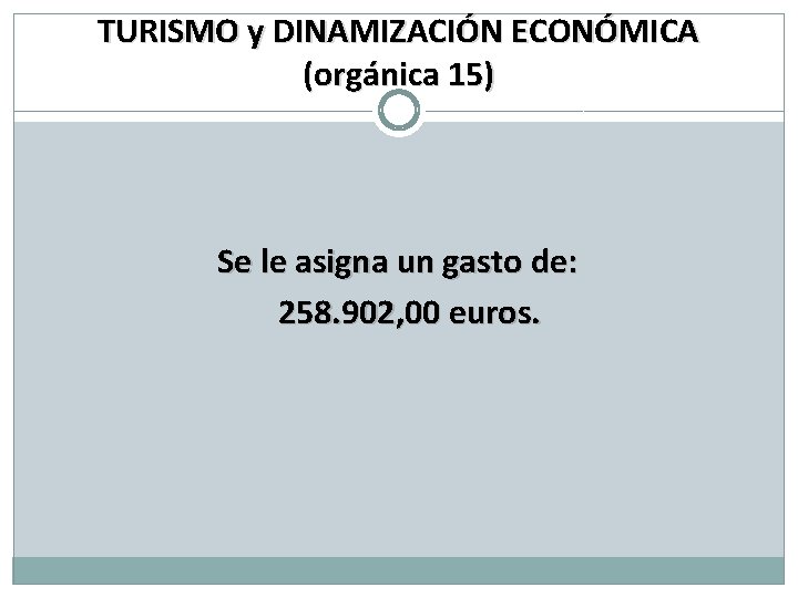 TURISMO y DINAMIZACIÓN ECONÓMICA (orgánica 15) Se le asigna un gasto de: 258. 902,