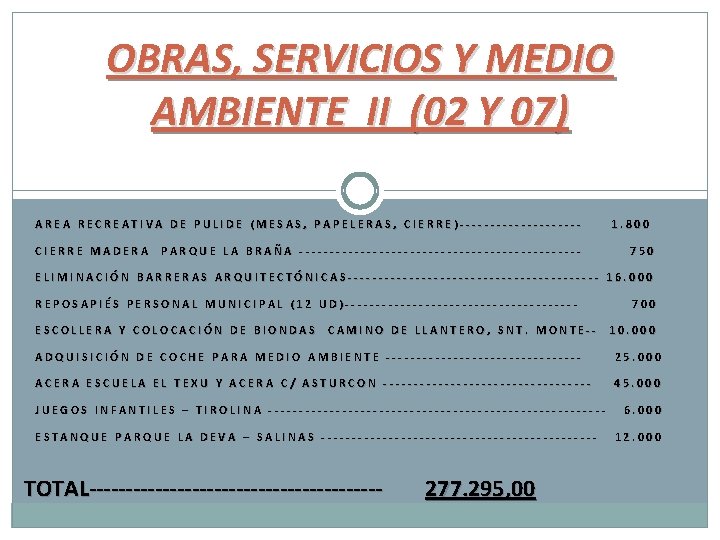 OBRAS, SERVICIOS Y MEDIO AMBIENTE II (02 Y 07) AREA RECREATIVA DE PULIDE (MESAS,