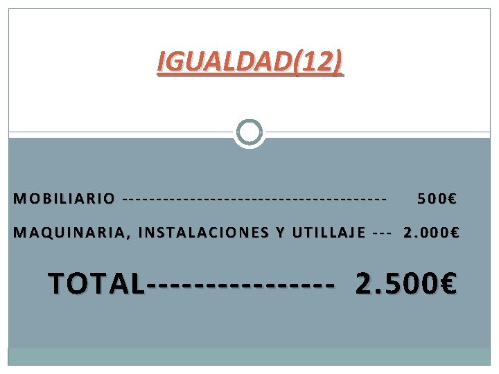 IGUALDAD(12) MOBILIARIO -------------------- 500€ MAQUINARIA, INSTALACIONES Y UTILLAJE --- 2. 000€ TOTAL-------- 2. 500€