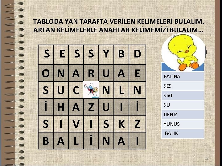 TABLODA YAN TARAFTA VERİLEN KELİMELERİ BULALIM. ARTAN KELİMELERLE ANAHTAR KELİMEMİZİ BULALIM… S E S