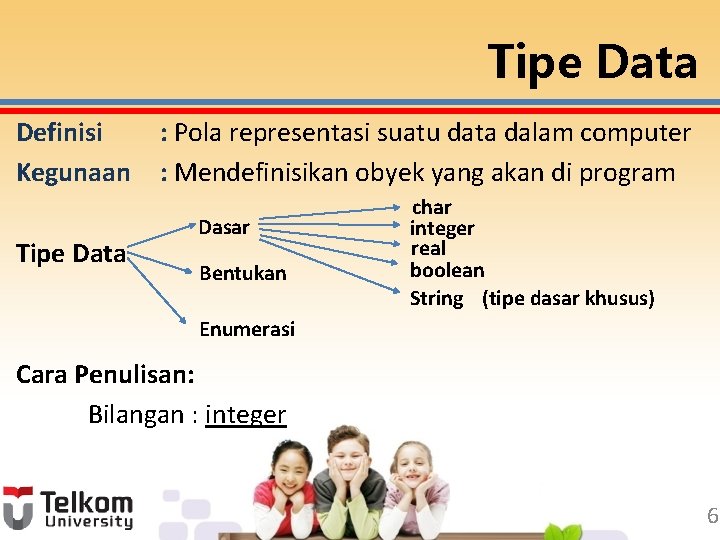 Tipe Data Definisi Kegunaan Tipe Data : Pola representasi suatu data dalam computer :