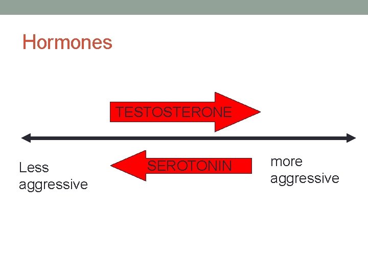 Hormones TESTOSTERONE Less aggressive SEROTONIN more aggressive 