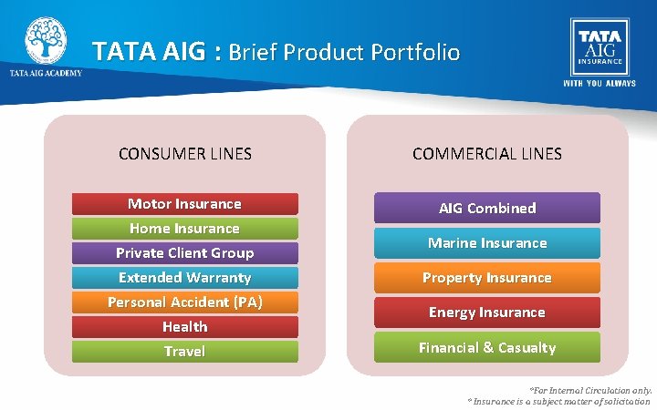TATA AIG : Brief Product Portfolio CONSUMER LINES COMMERCIAL LINES Motor Insurance Home Insurance