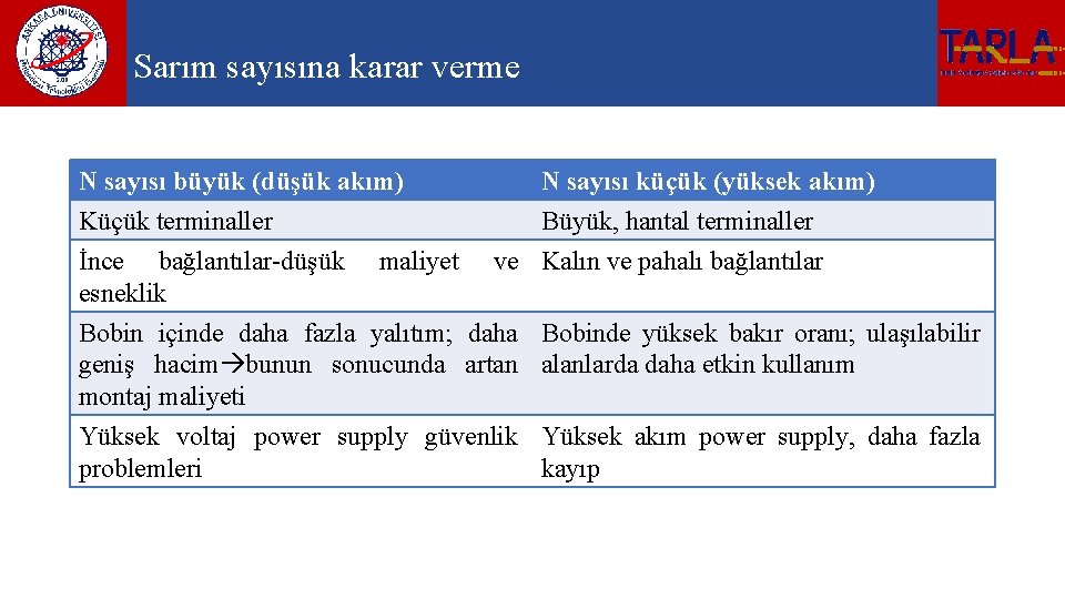 Sarım sayısına karar verme N sayısı büyük (düşük akım) Küçük terminaller İnce bağlantılar-düşük maliyet