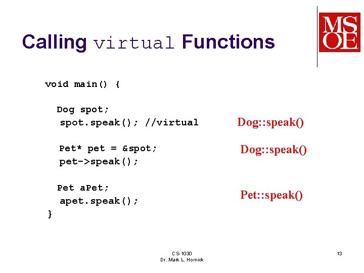 Calling virtual Functions void main() { Dog spot; spot. speak(); //virtual Dog: : speak()