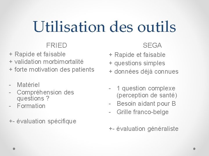 Utilisation des outils FRIED + Rapide et faisable + validation morbimortalité + forte motivation