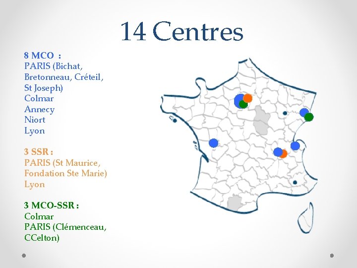 8 MCO : PARIS (Bichat, Bretonneau, Créteil, St Joseph) Colmar Annecy Niort Lyon 3