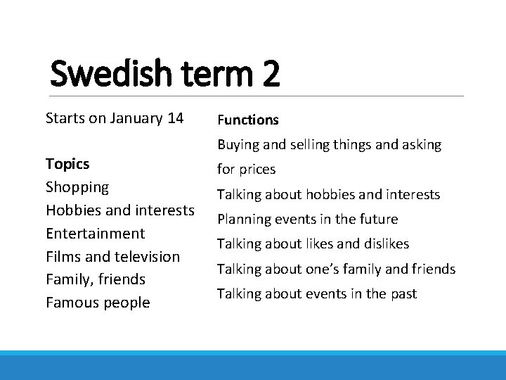Swedish term 2 Starts on January 14 Topics Shopping Hobbies and interests Entertainment Films
