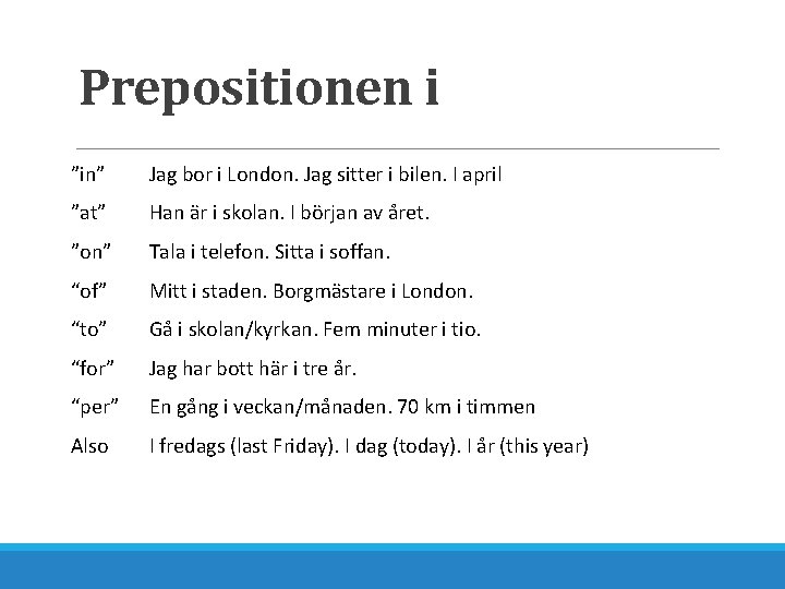 Prepositionen i ”in” Jag bor i London. Jag sitter i bilen. I april ”at”