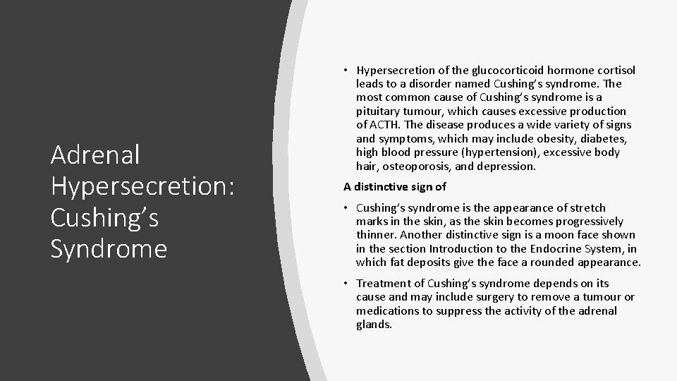 Adrenal Hypersecretion: Cushing’s Syndrome • Hypersecretion of the glucocorticoid hormone cortisol leads to a Adrenal Hypersecretion: Cushing’s Syndrome • Hypersecretion of the glucocorticoid hormone cortisol leads to a
