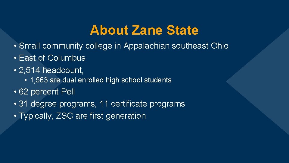 About Zane State • Small community college in Appalachian southeast Ohio • East of About Zane State • Small community college in Appalachian southeast Ohio • East of