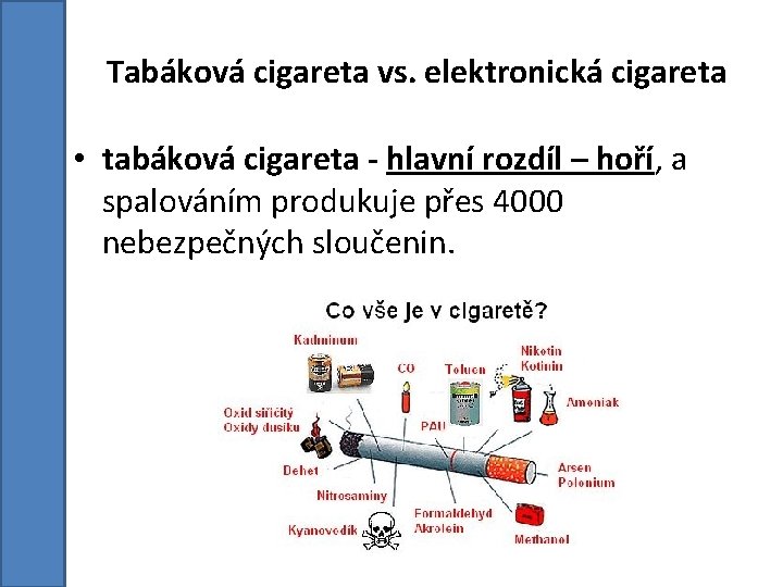 Tabáková cigareta vs. elektronická cigareta • tabáková cigareta - hlavní rozdíl – hoří, a Tabáková cigareta vs. elektronická cigareta • tabáková cigareta - hlavní rozdíl – hoří, a
