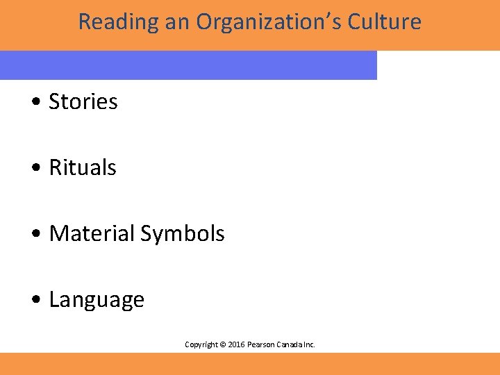 Reading an Organization’s Culture • Stories • Rituals • Material Symbols • Language Copyright