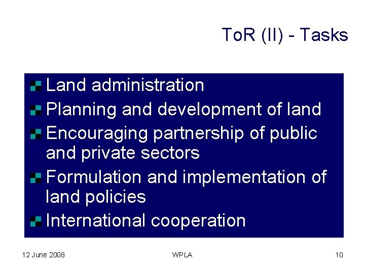 To. R (II) - Tasks Land administration Planning and development of land Encouraging partnership