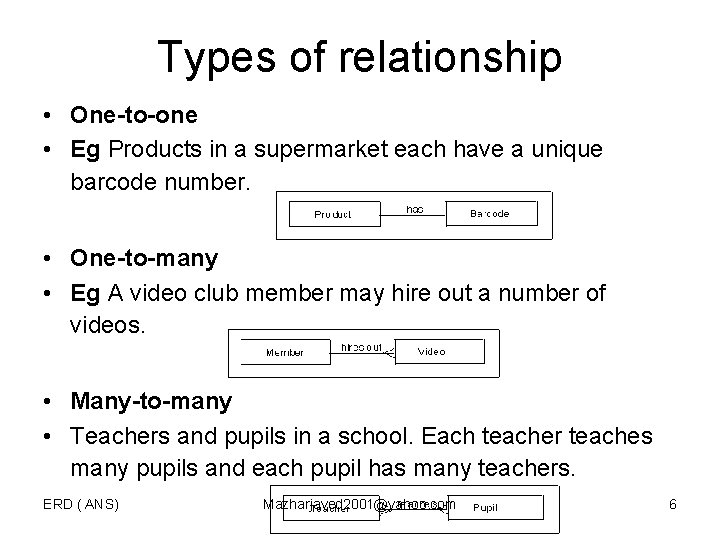 Types of relationship • One-to-one • Eg Products in a supermarket each have a