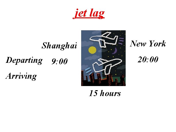 jet lag New York Shanghai Departing 9: 00 20: 00 Arriving 24: 00 11: