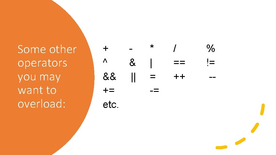 Some other operators you may want to overload: + ^ & && || +=