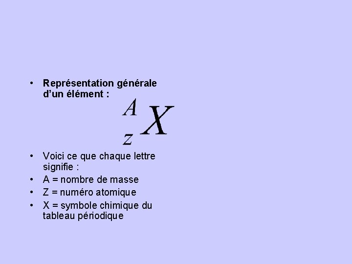  • Représentation générale d’un élément : • Voici ce que chaque lettre signifie