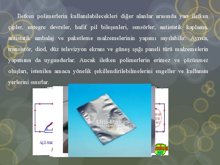  İletken polimerlerin kullanılabilecekleri diğer alanlar arasında yarı iletken çipler, entegre devreler, hafif pil